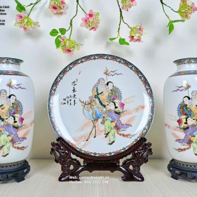 Bộ bình đĩa cảnh tích lão thọ hiến đào